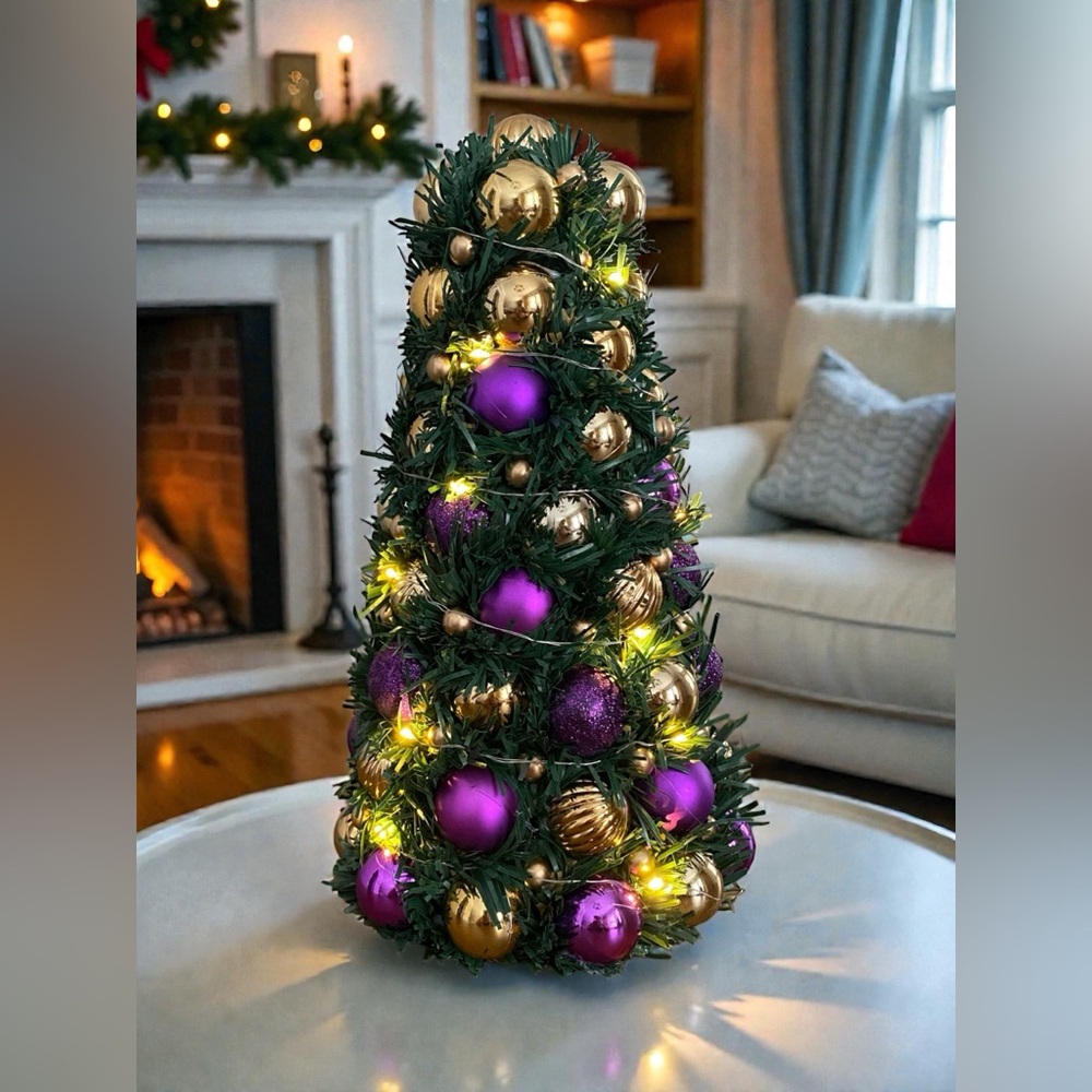 Handcrafted Festive Gold and Purple Holiday Tree. Tabletop Christmas tree.